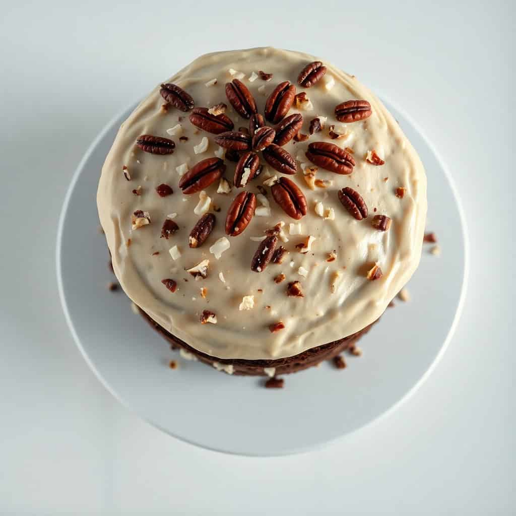 German chocolate cake with cream frosting, topped with pecans and coconut flakes on white plate.