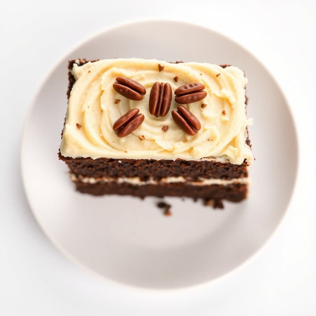 German chocolate cake slice with cream frosting and pecan garnish on white plate.