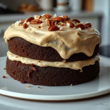 Two-layer German chocolate cake with caramel frosting, topped with pecans and coconut flakes on white plate.