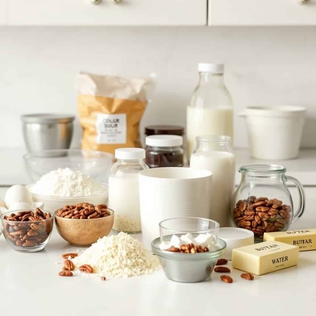 German chocolate cake ingredients arranged on white counter: flour, pecans, butter, milk, eggs, and chocolate.