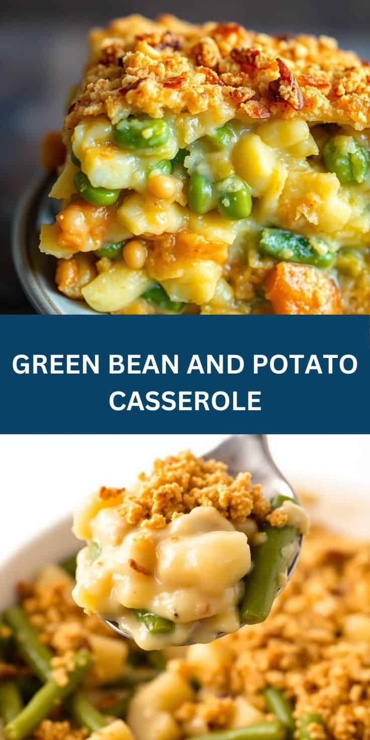 Green bean and potato casserole with crispy golden topping served on white plate.