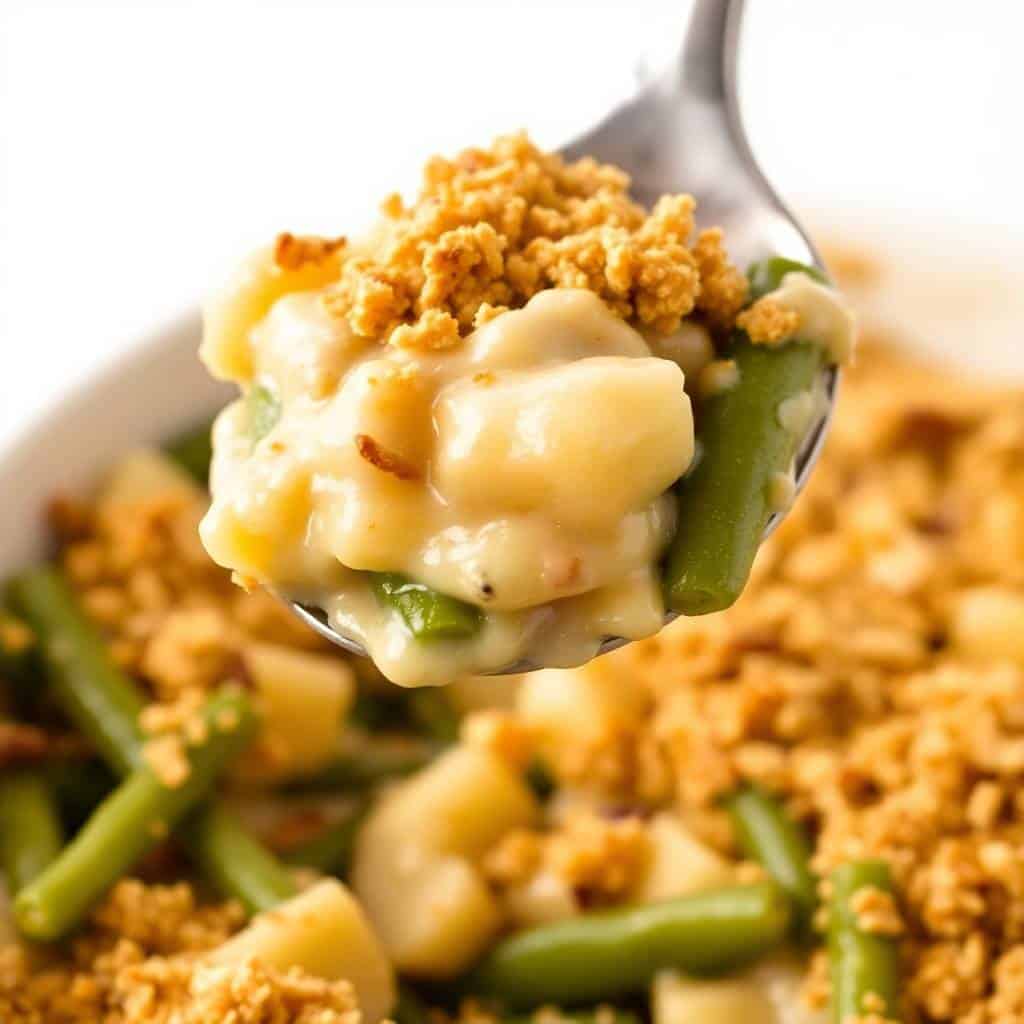 Green bean and potato casserole on fork with crispy breadcrumb topping and creamy sauce.