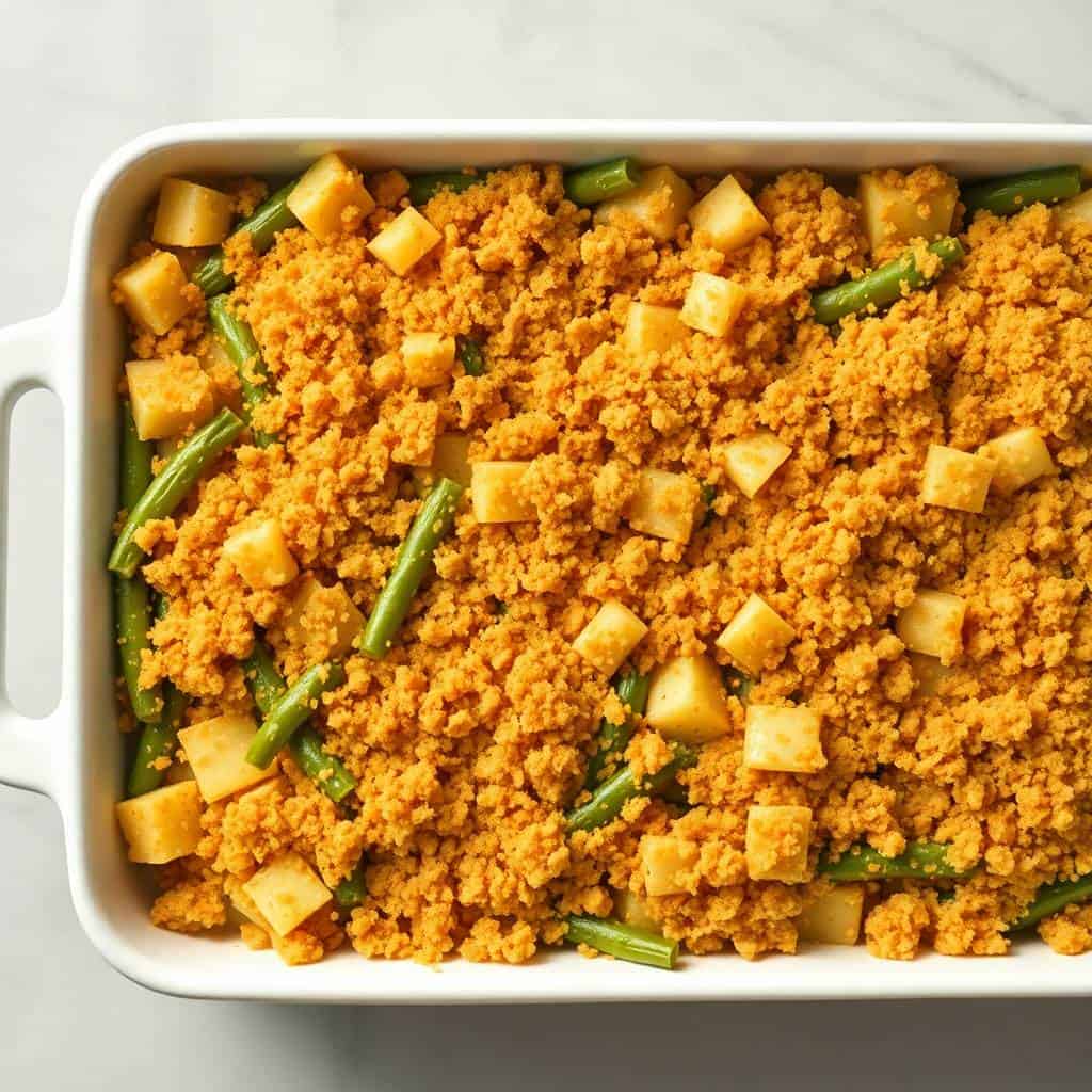 Green bean and potato casserole with golden breadcrumb topping in white baking dish.