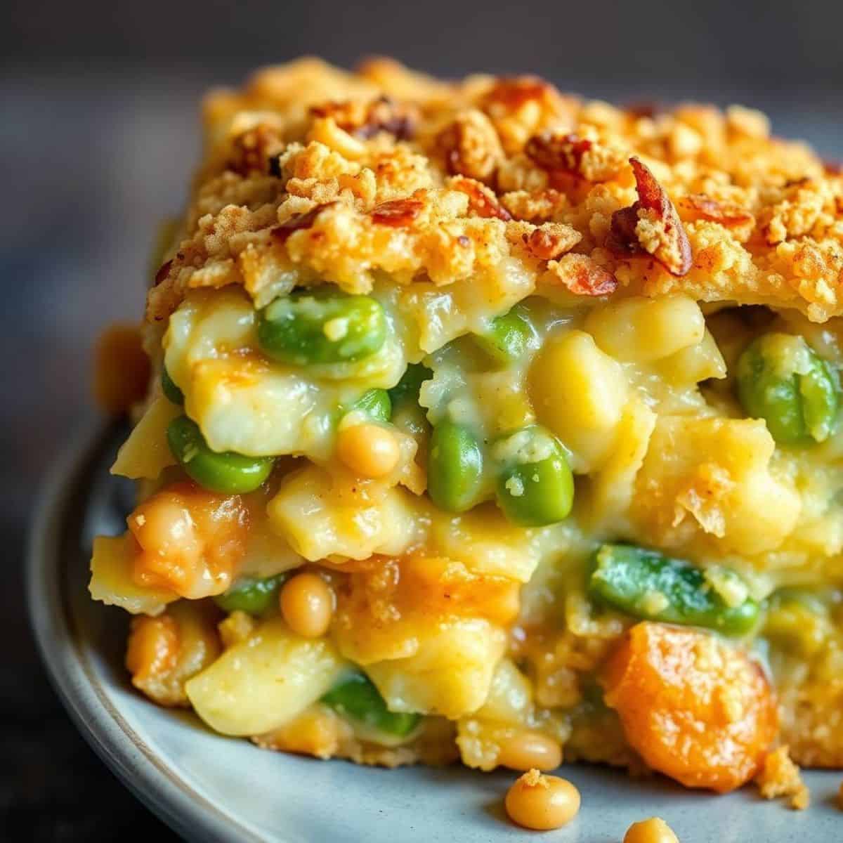 Green bean and potato casserole with crispy breadcrumb topping on white plate.