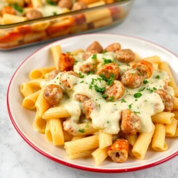 Garlic sausage Alfredo rigatoni pasta topped with creamy sauce and fresh parsley on a red-rimmed plate.