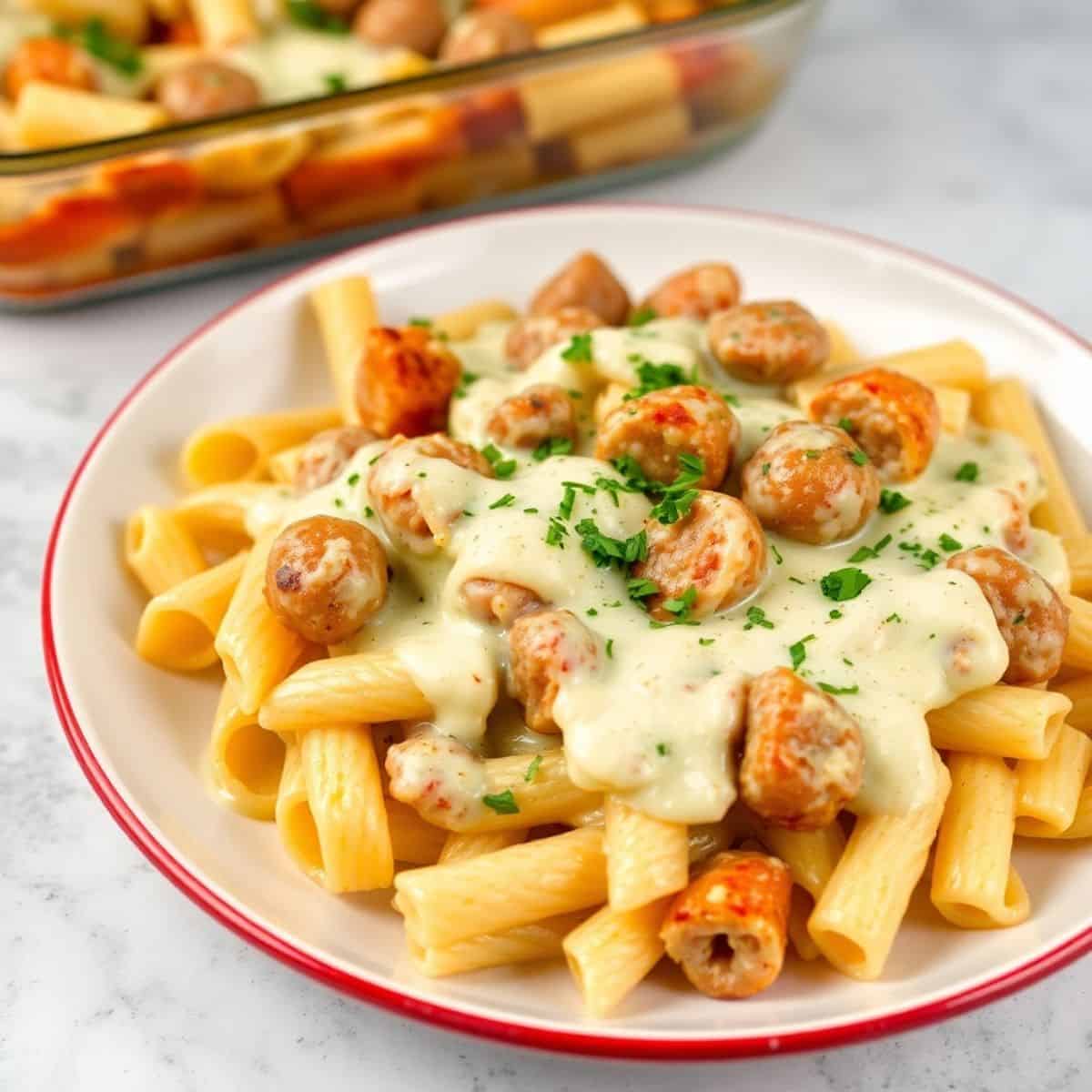 Garlic sausage Alfredo rigatoni pasta topped with creamy sauce and fresh parsley on a red-rimmed plate.