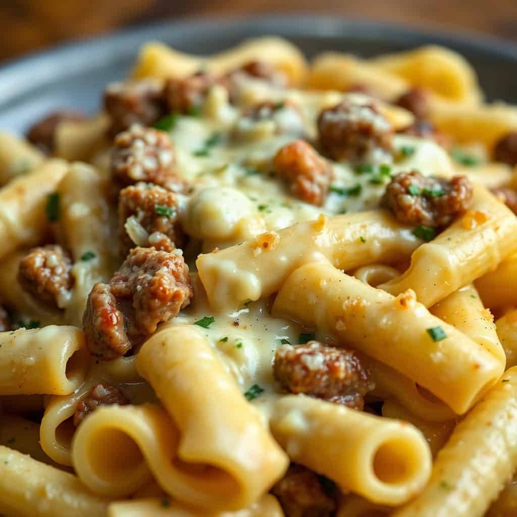 Creamy garlic sausage alfredo rigatoni pasta topped with browned sausage pieces and fresh parsley on a gray plate.