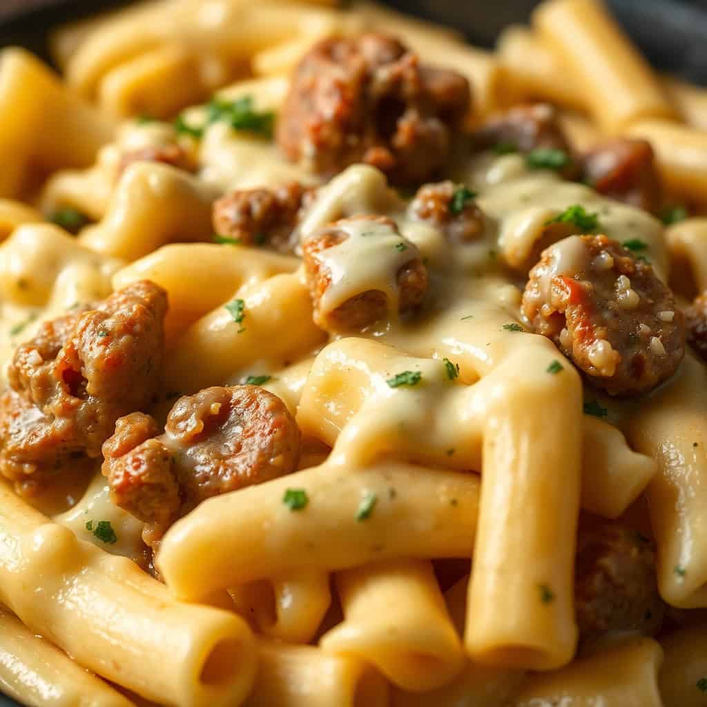 Creamy garlic sausage alfredo rigatoni pasta with browned sausage pieces and fresh parsley garnish in a pan.