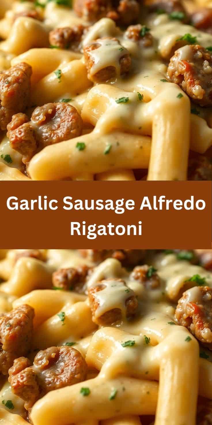 Garlic sausage alfredo rigatoni with creamy sauce, browned sausage pieces, and fresh parsley garnish.