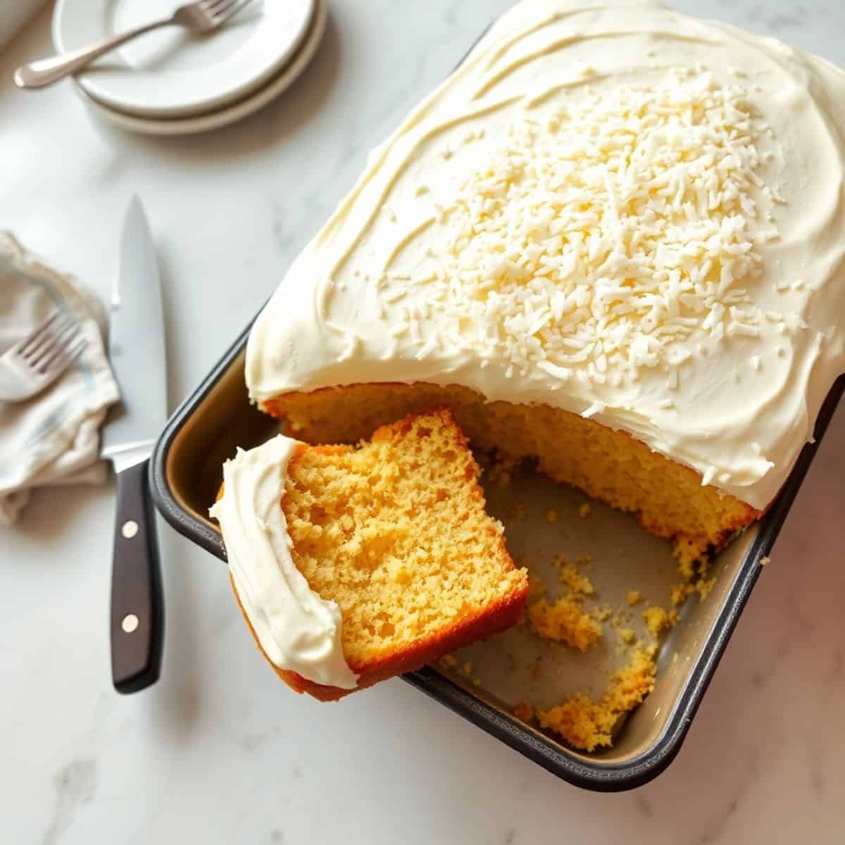 hawaiian pineapple cake with cream cheese frosting and toasted coconut