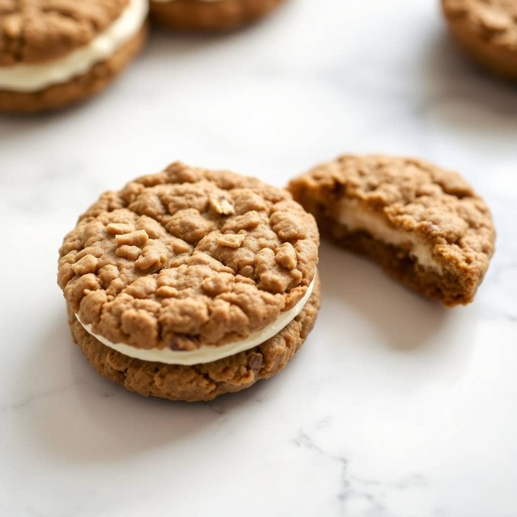 Two homemade oatmeal cream pies with textured oat cookies and white cream filling on marble surface.