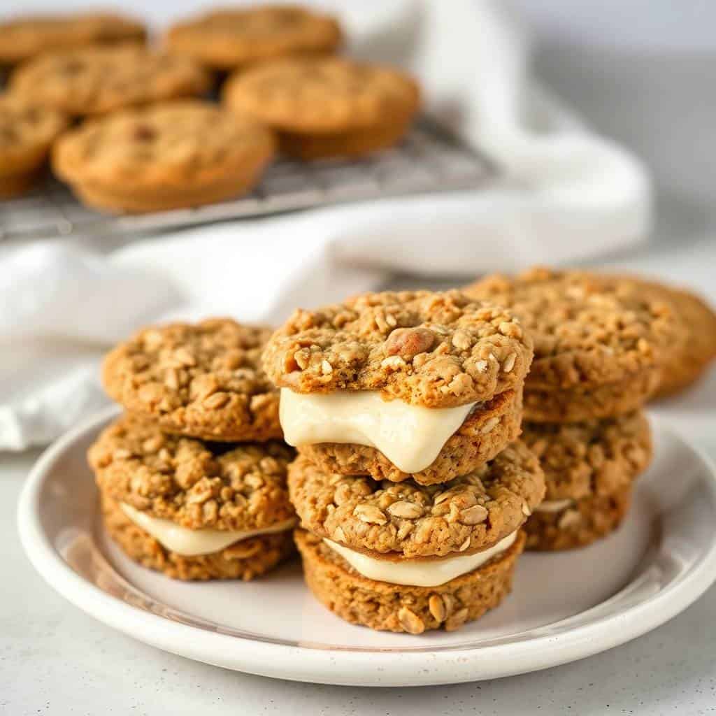 Homemade oatmeal cream pies stacked on white plate with creamy filling visible between cookie layers.