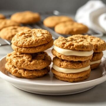 Homemade oatmeal cream pies stacked on white plate with cream filling between golden-brown cookies.
