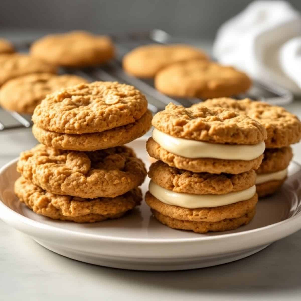 Homemade oatmeal cream pies stacked on white plate with cream filling between golden-brown cookies.