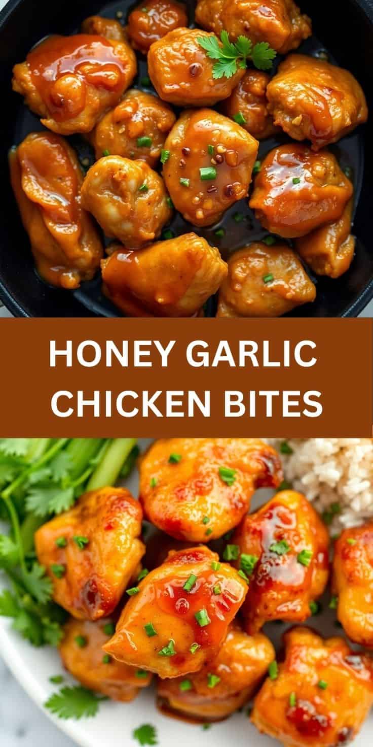 honey garlic chicken bites garnished with sesame seeds and green onions