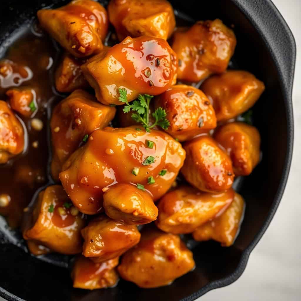 step by step honey garlic chicken bites cooking in skillet