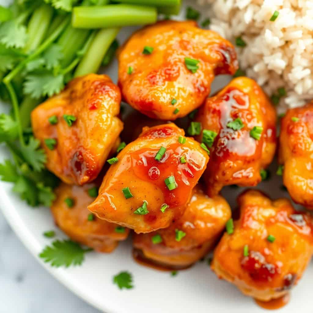 honey garlic chicken bites served over rice with sesame seeds