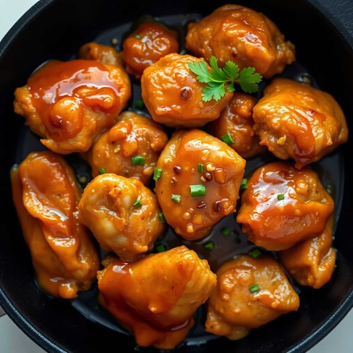 honey garlic chicken bites in a skillet with sticky glaze