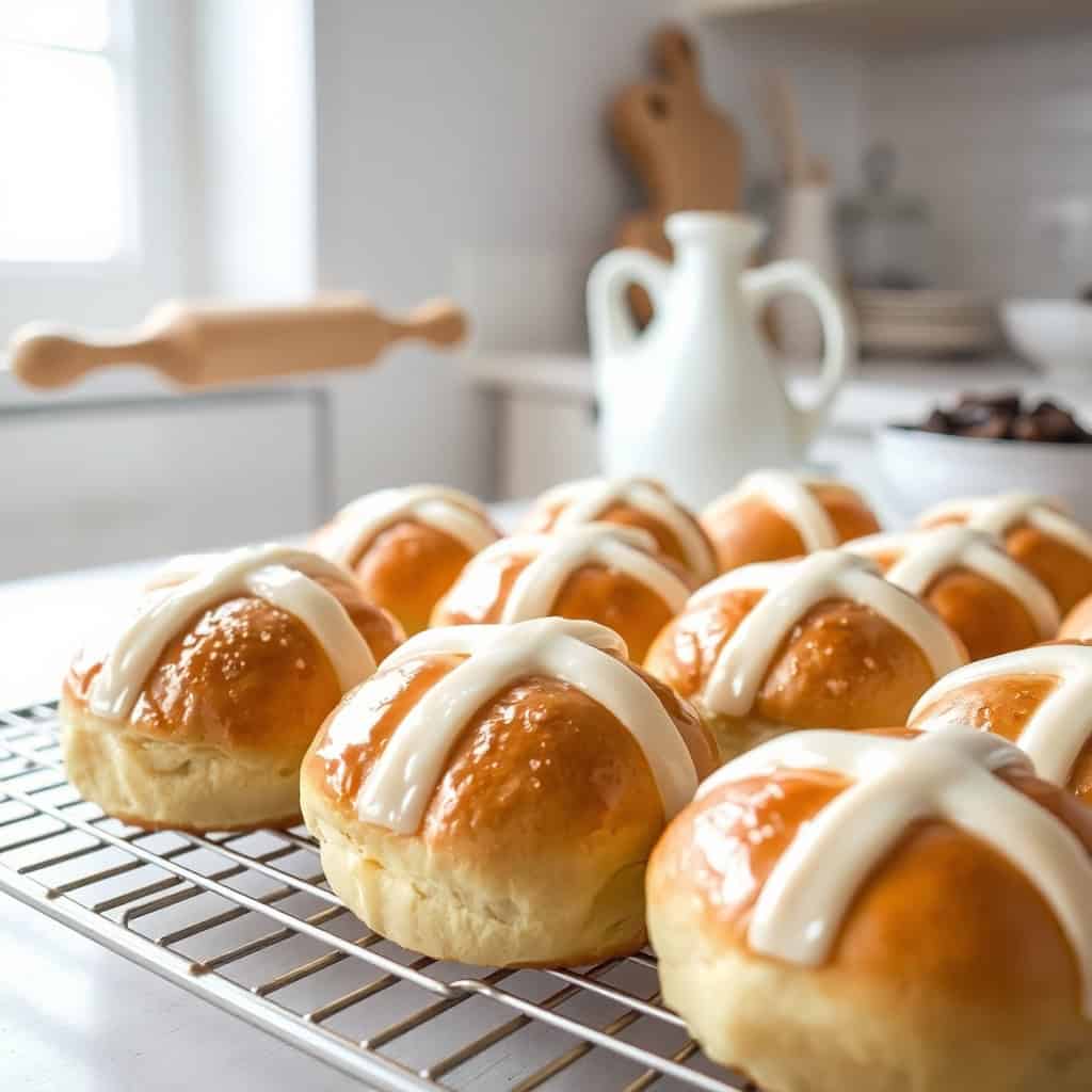 Hot Cross Buns freshly baked golden glazed cross Easter buns on tray