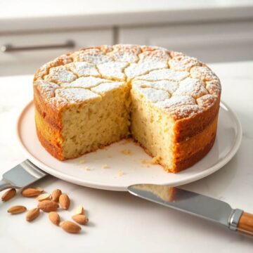 Italian almond ricotta cake dusted with powdered sugar, sliced on white plate with almonds and cake server.