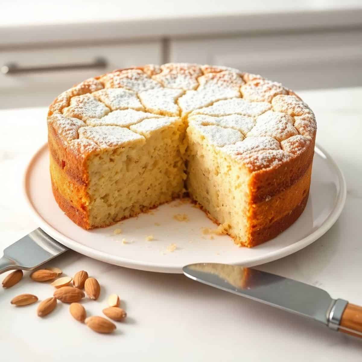 Italian almond ricotta cake dusted with powdered sugar, sliced on white plate with almonds and cake server.