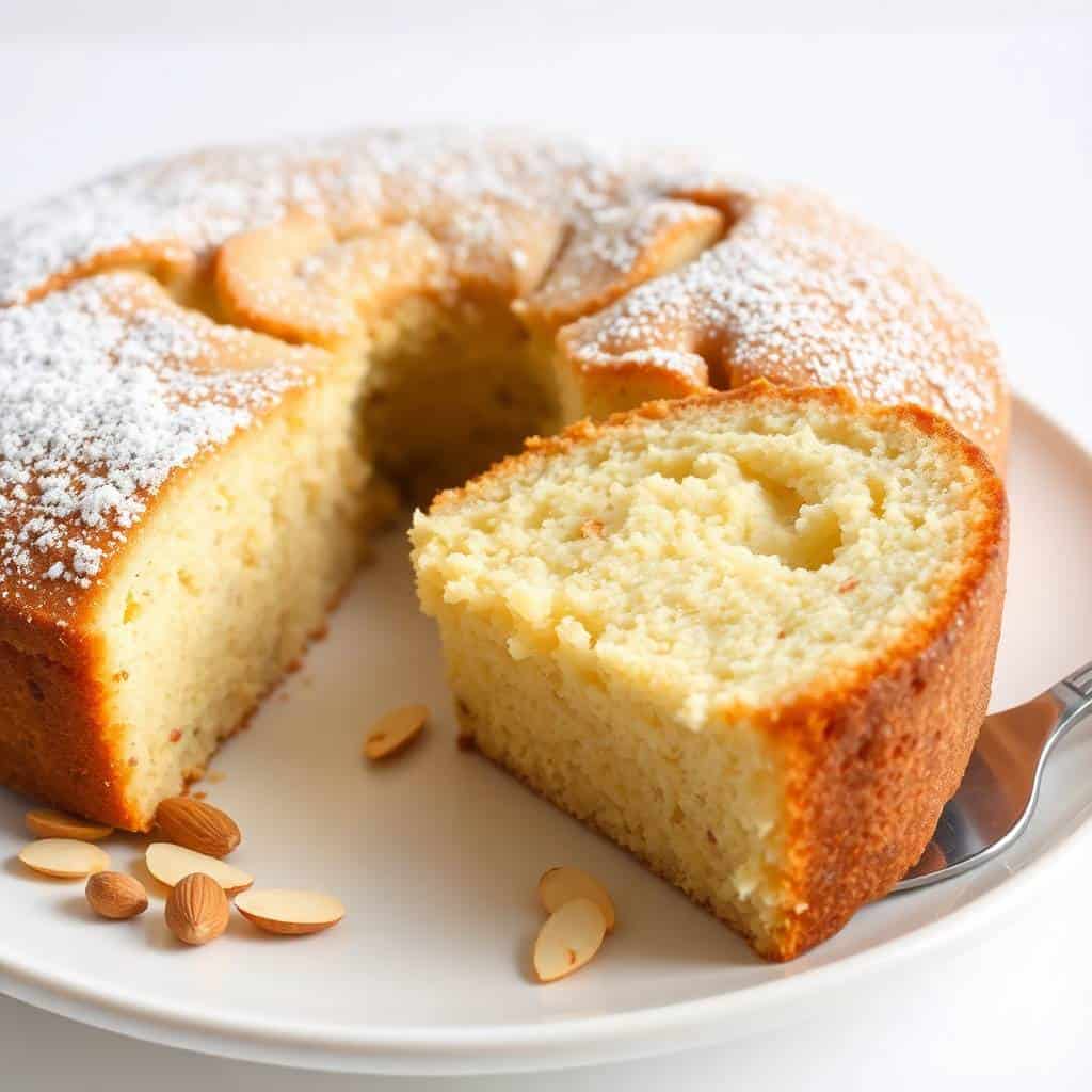 Italian almond ricotta cake dusted with powdered sugar, sliced on white plate with scattered almonds.