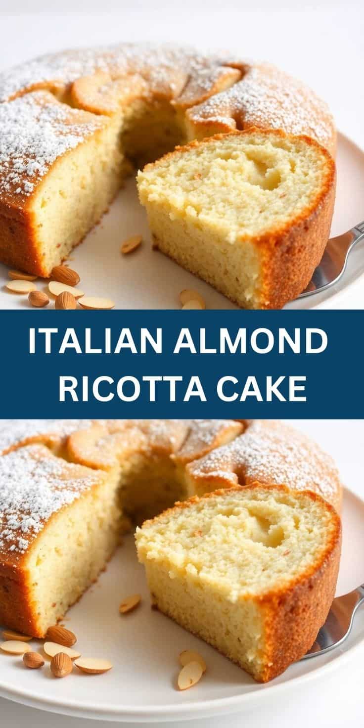 Italian almond ricotta cake sliced and dusted with powdered sugar, garnished with sliced almonds.