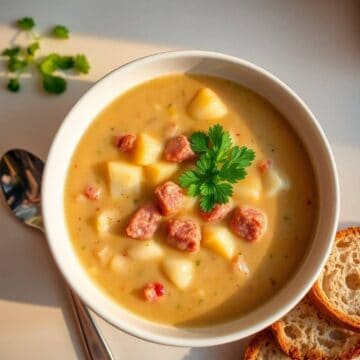Kielbasa potato soup in white bowl, garnished with parsley and sausage pieces, served with bread.