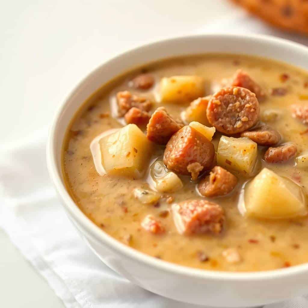 Kielbasa potato soup in a white bowl with sausage slices, diced potatoes, and creamy broth.
