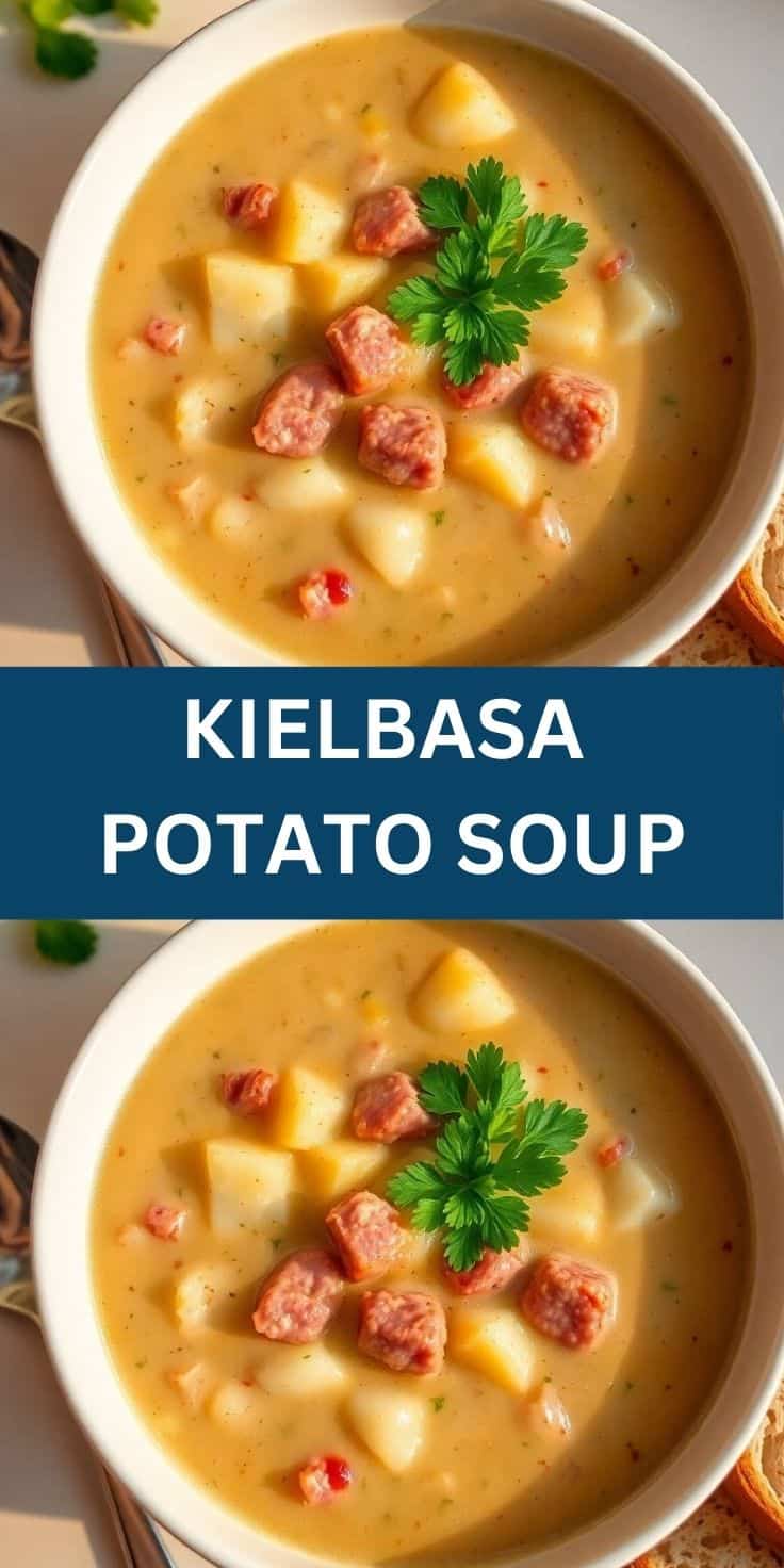 Kielbasa potato soup in white bowls, garnished with parsley and sausage pieces in creamy broth.