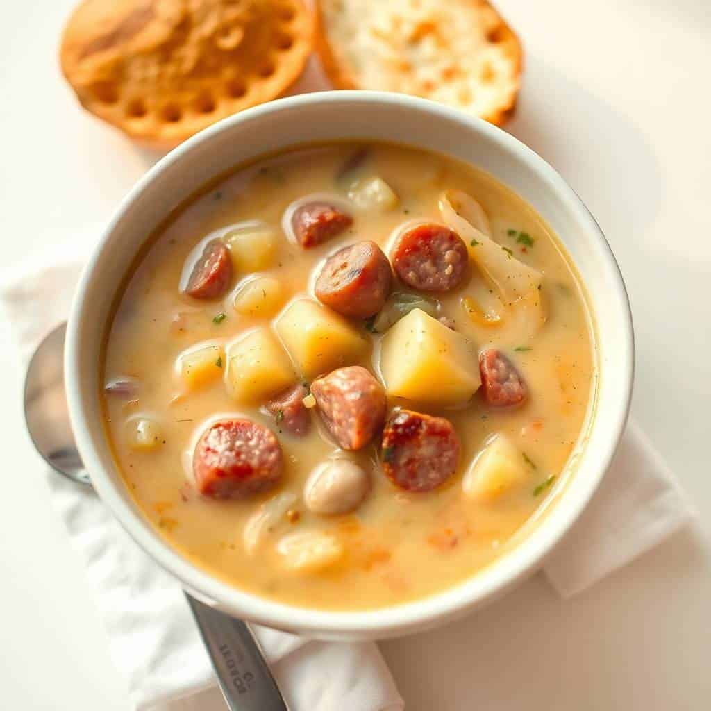Kielbasa potato soup in white bowl with sliced sausage, potatoes, and crackers on the side.