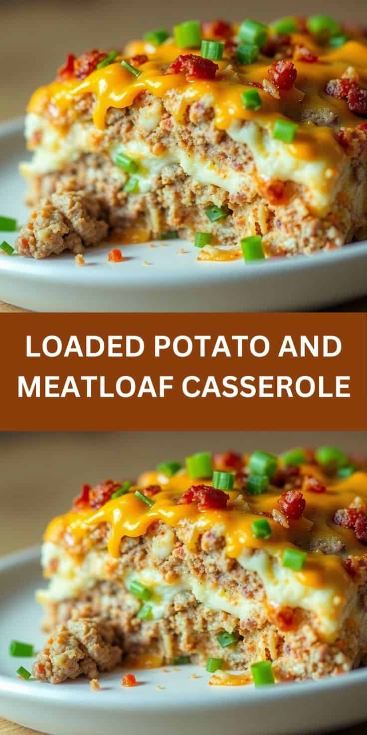 Loaded Potato and Meatloaf Casserole with melted cheddar cheese, bacon bits, and green onions on white plate.