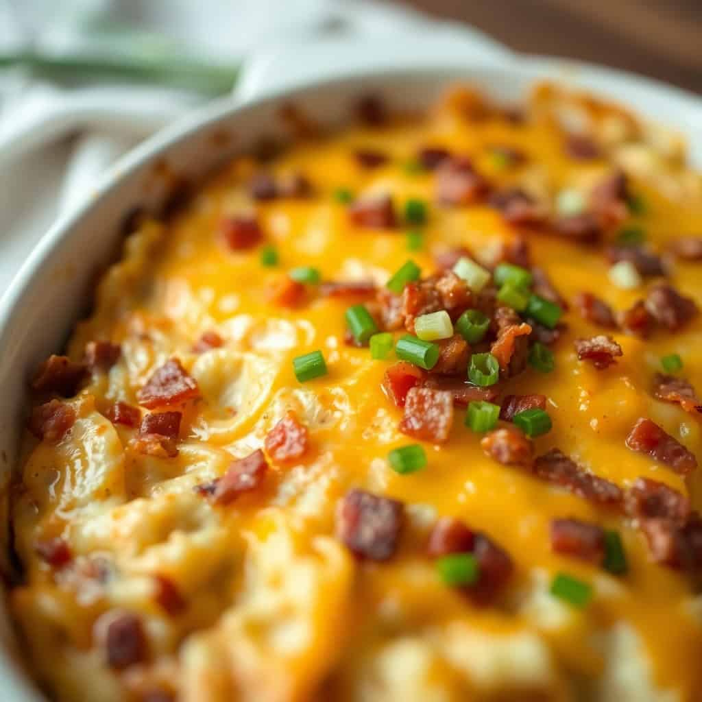 Loaded Potato and Meatloaf Casserole with melted cheese, bacon bits, and green onions in baking dish.