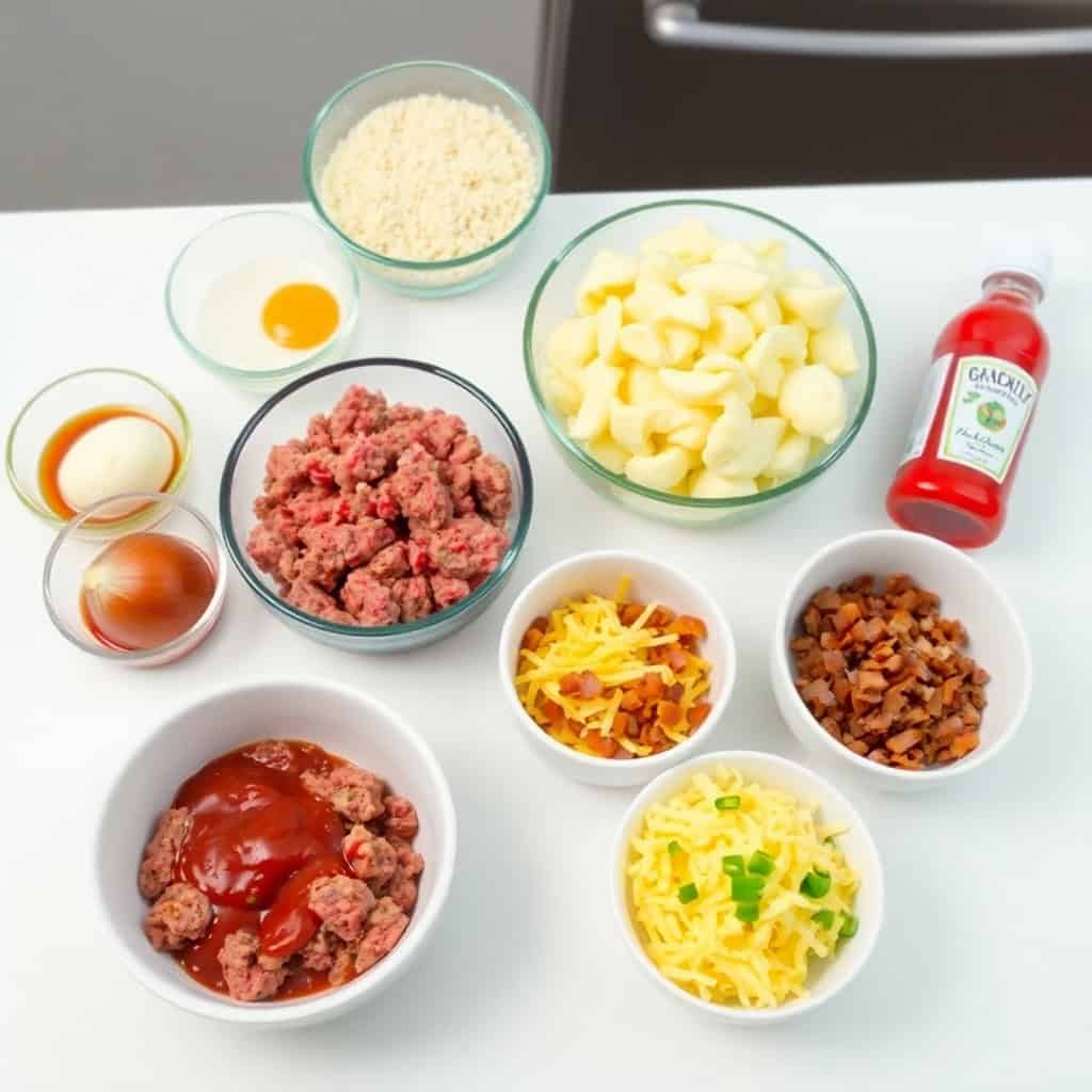 Ingredients for loaded potato and meatloaf casserole arranged in glass and white bowls on white surface.