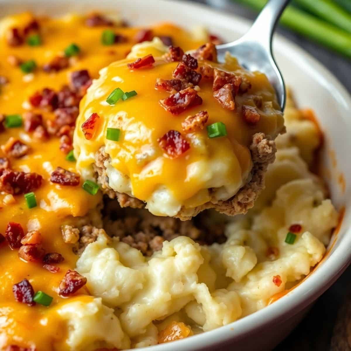 Loaded potato and meatloaf casserole with melted cheddar cheese, bacon bits, and green onions in white dish.