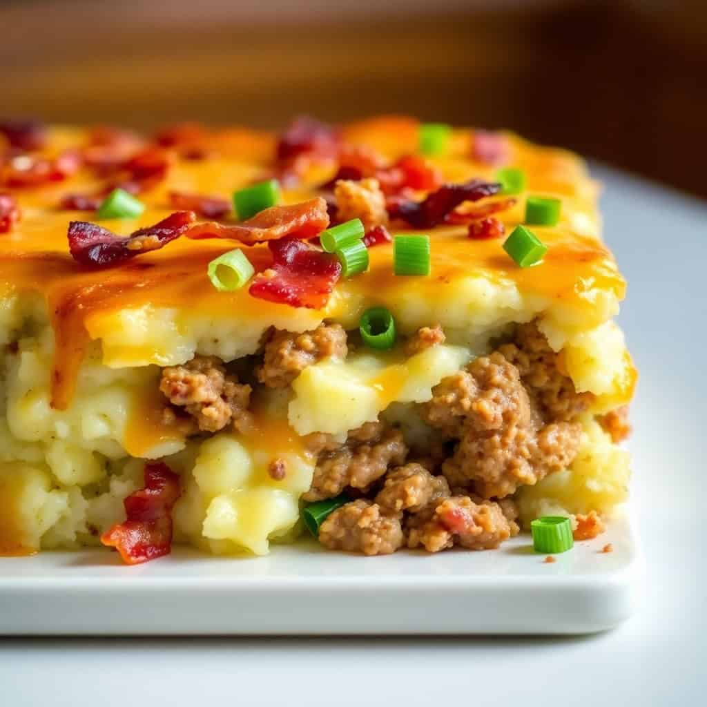 Loaded Potato and Meatloaf Casserole with melted cheese, bacon, and green onions on white plate.