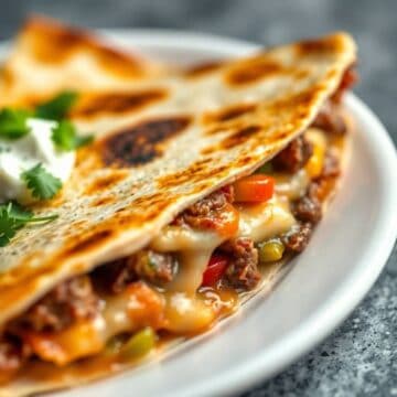 Golden-brown steak quesadilla with melted cheese, peppers, and cilantro garnish on white plate.
