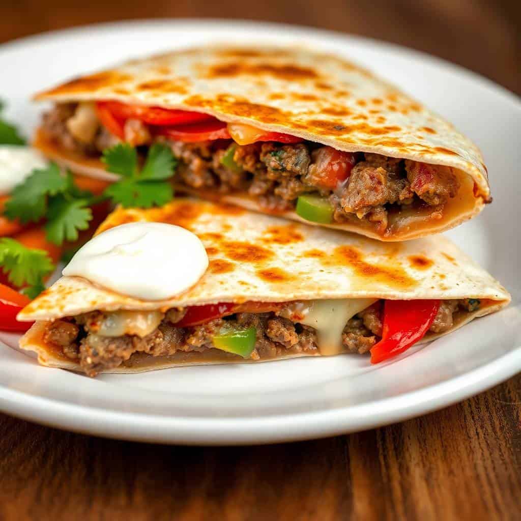 Two steak quesadillas on white plate with melted cheese, red peppers, cilantro, and sour cream garnish.