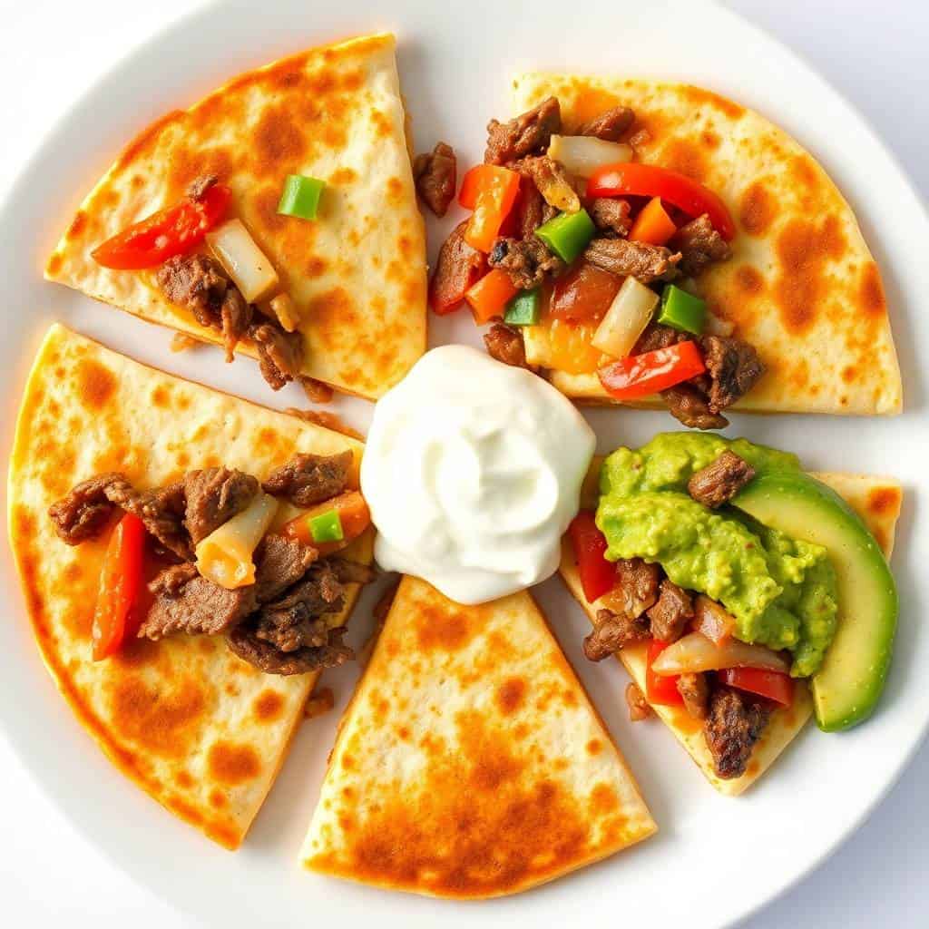 Four steak quesadilla wedges on white plate with sour cream, guacamole, peppers, and onions.