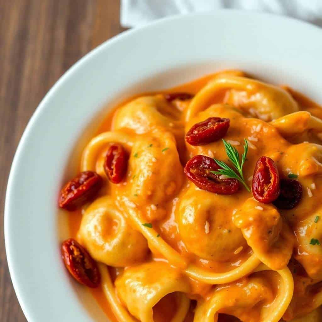 Marry Me Chicken Tortellini in creamy orange sauce, garnished with red chili and rosemary in white bowl.