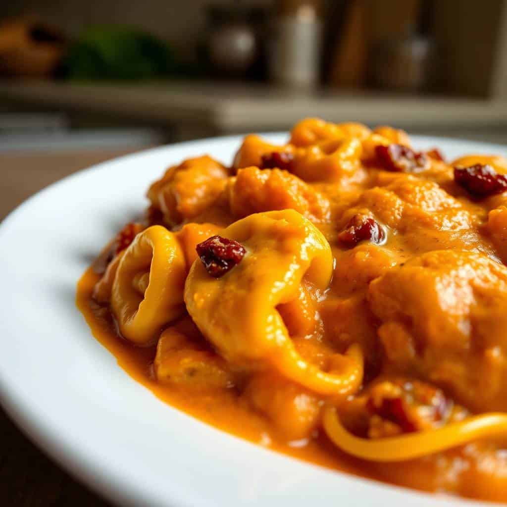 Creamy tomato-based chicken tortellini garnished with red pepper flakes on white plate.