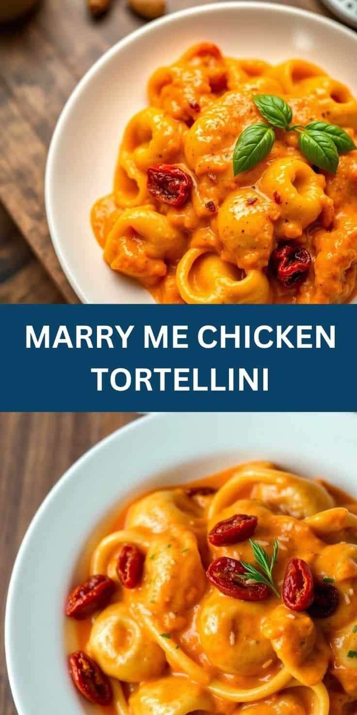 Two bowls of creamy orange Marry Me Chicken Tortellini garnished with basil and sun-dried tomatoes.