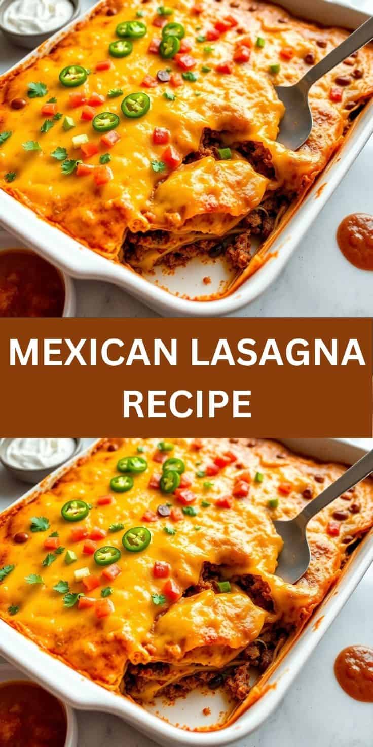Mexican lasagna in white baking dish topped with melted cheese, jalapeños, and cilantro garnish.