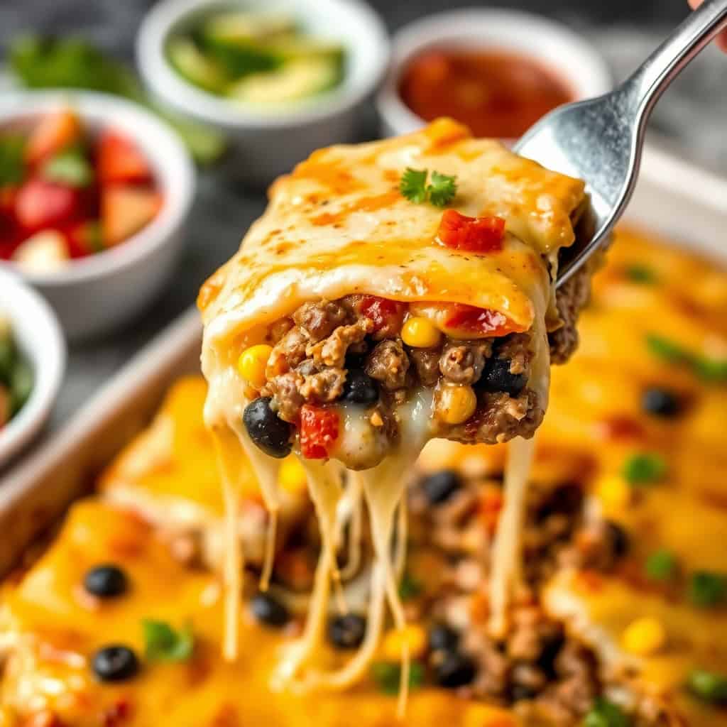 A fork lifting melted cheese from layered Mexican lasagna with ground beef, corn, and black beans.