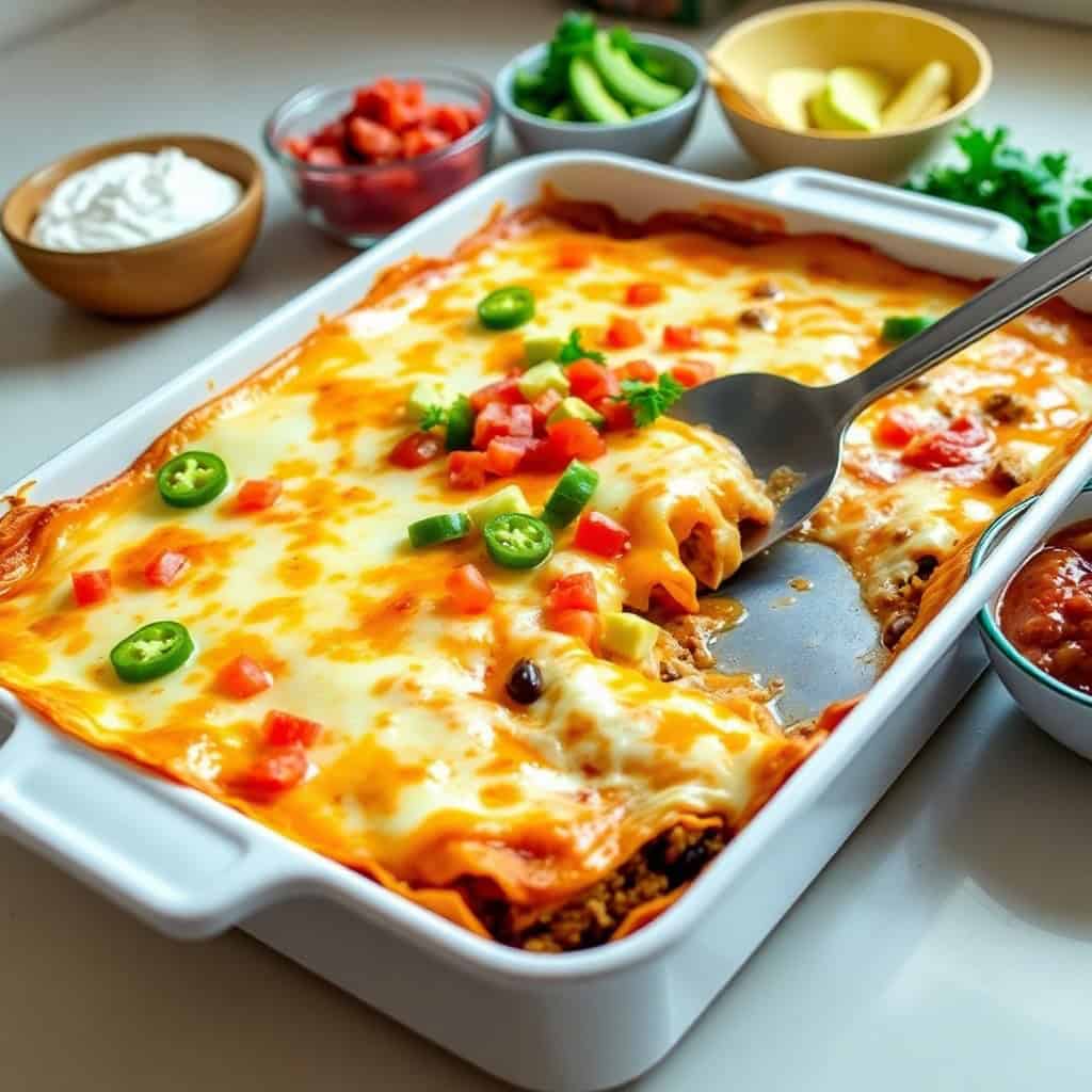 Mexican lasagna with melted cheese, jalapeños, and red peppers in white baking dish with serving utensil.