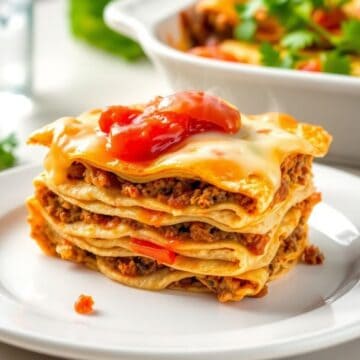 Stacked Mexican lasagna with seasoned meat, melted cheese, and red pepper garnish on white plate.