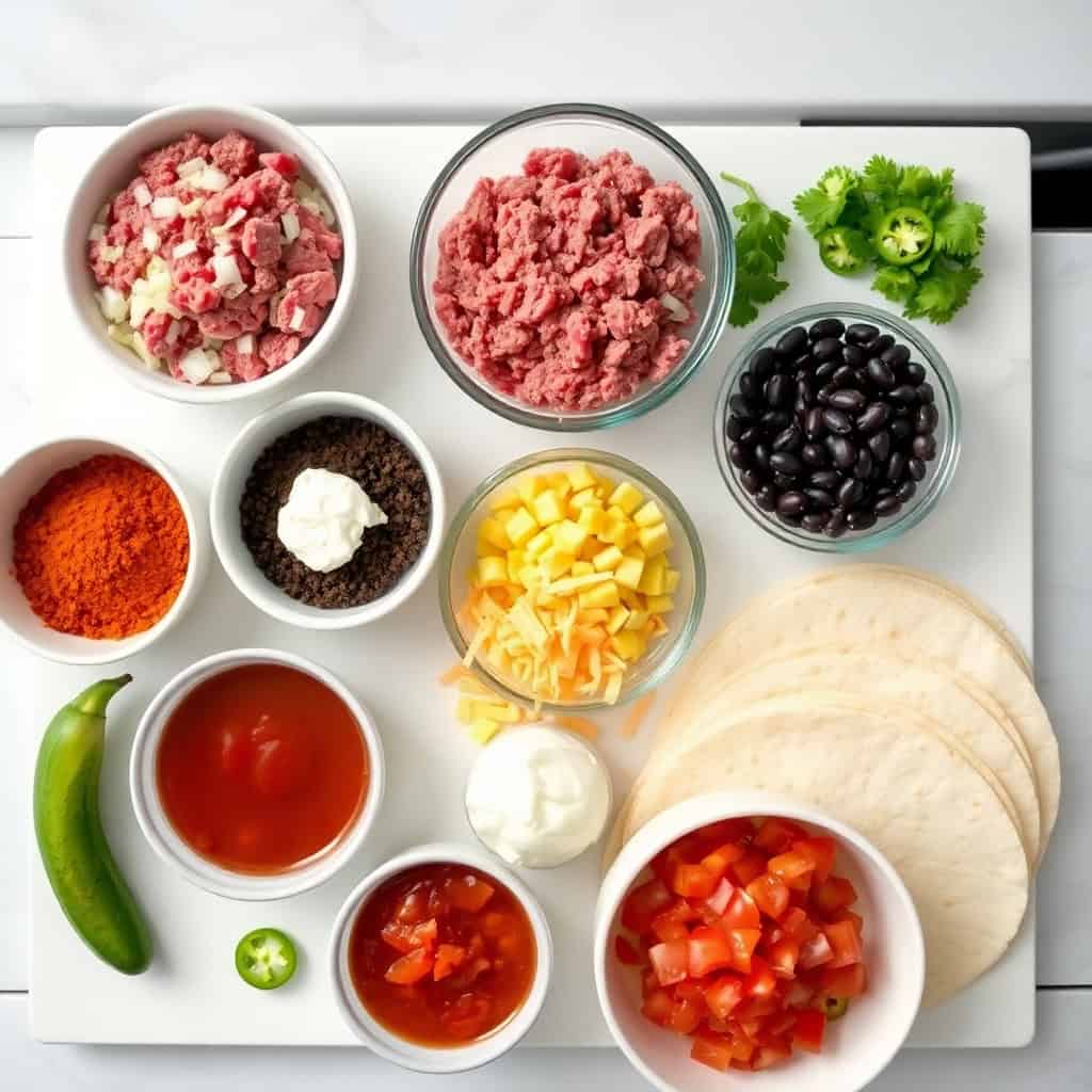 Ingredients for Mexican lasagna arranged on white board: ground beef, tortillas, beans, corn, cheese, salsa, and fresh cil...