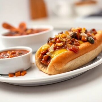 Crockpot hot dog chili served on white plate with toppings and sauce bowls.