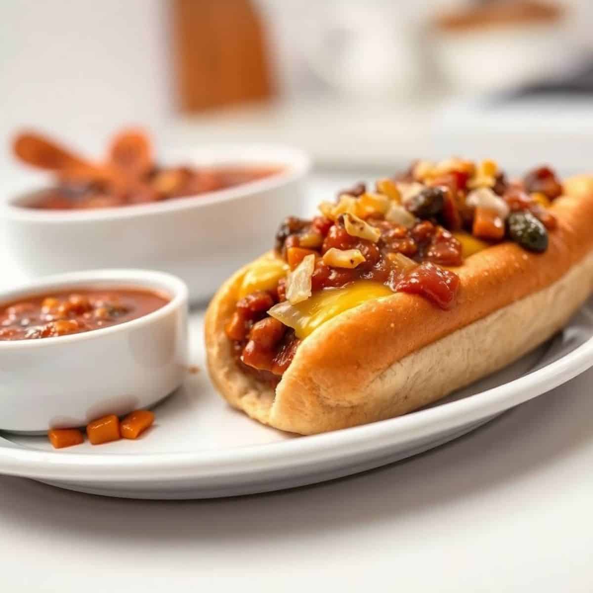 Crockpot hot dog chili served on white plate with toppings and sauce bowls.