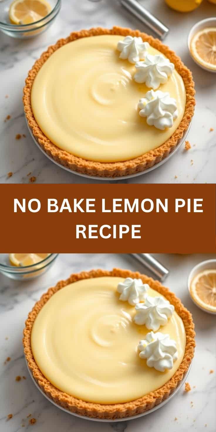 No-bake lemon pie with graham cracker crust, creamy filling, and whipped cream garnish.